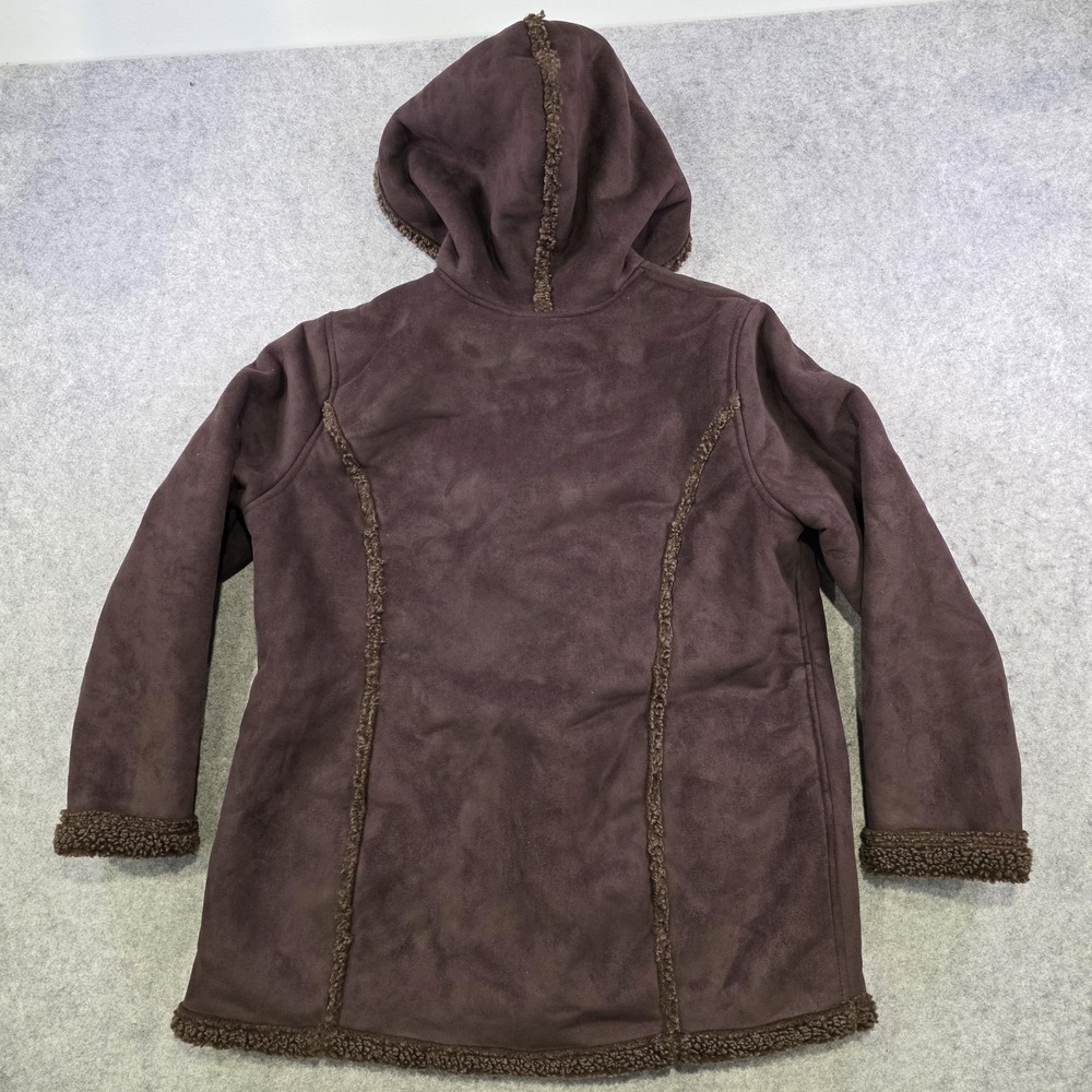 LL Bean Coat Womens XL Brown Faux Fur Lined Hooded Toggle Fleece‎ Parka Jacket - Picture 11 of 13